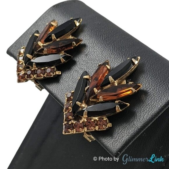 Vintage Brown Black Navette Chevron Gold Tone Clip On Earrings - Picture 2 of 9